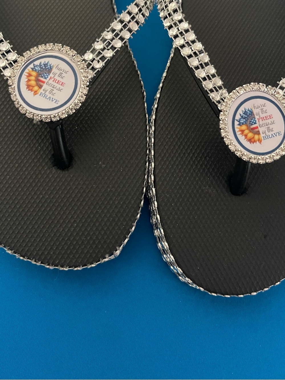 Rhinestone Black Flip Flops with Patriotic Sunflower Medallions